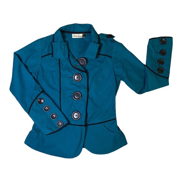 Cute fitted Schwiing Teal Blazer Big Buttons Cuffs Pea Coat Small - Picture 6 of 10